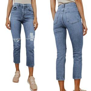 Agolde Blue Riley High Rise Distressed Straight Cropped Button Fly Jeans Size 26